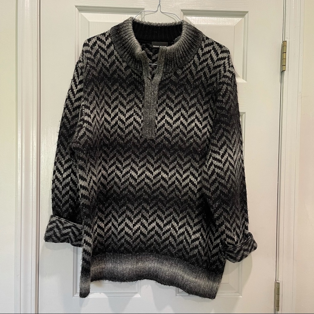 DKNY‎ Jeans Womens XXL Chevron Zigzag Wool Alpaca Blend Mock Neck Sweater Black